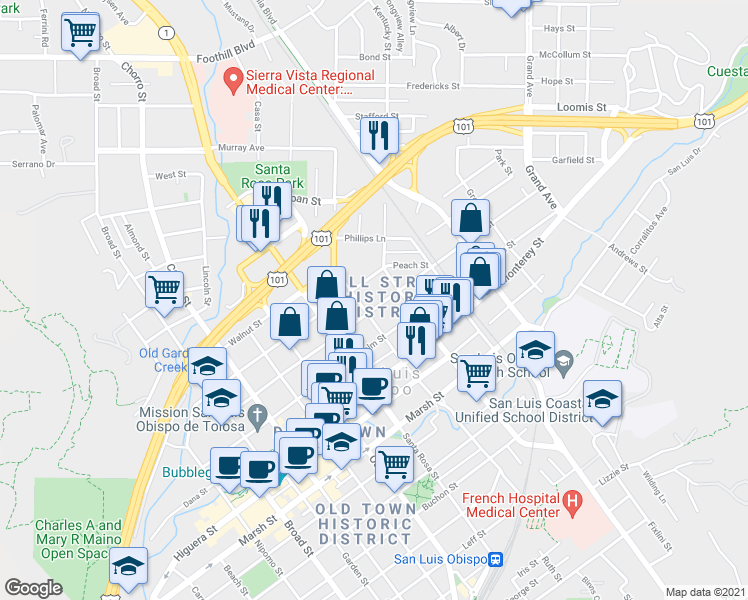 map of restaurants, bars, coffee shops, grocery stores, and more near 1229 Peach Street in San Luis Obispo