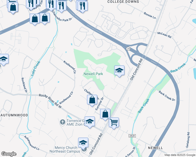 map of restaurants, bars, coffee shops, grocery stores, and more near 3031 Old Ironside Drive in Charlotte