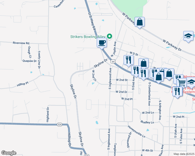 map of restaurants, bars, coffee shops, grocery stores, and more near 3112 West 2nd Court in Russellville