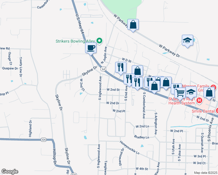 map of restaurants, bars, coffee shops, grocery stores, and more near 115 S Hastings Ave in Russellville