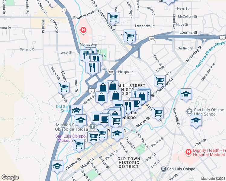 map of restaurants, bars, coffee shops, grocery stores, and more near 1150 Peach Street in San Luis Obispo