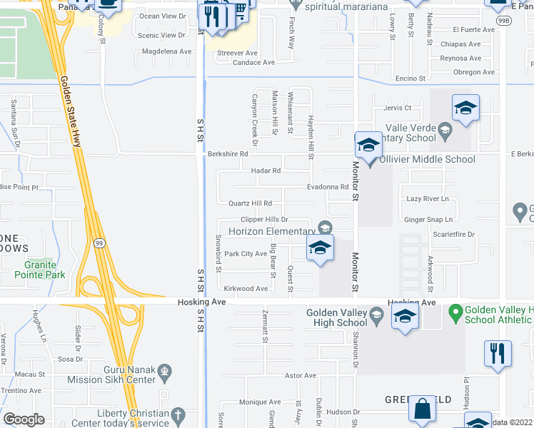 map of restaurants, bars, coffee shops, grocery stores, and more near 1321 Quartz Hill Road in Bakersfield