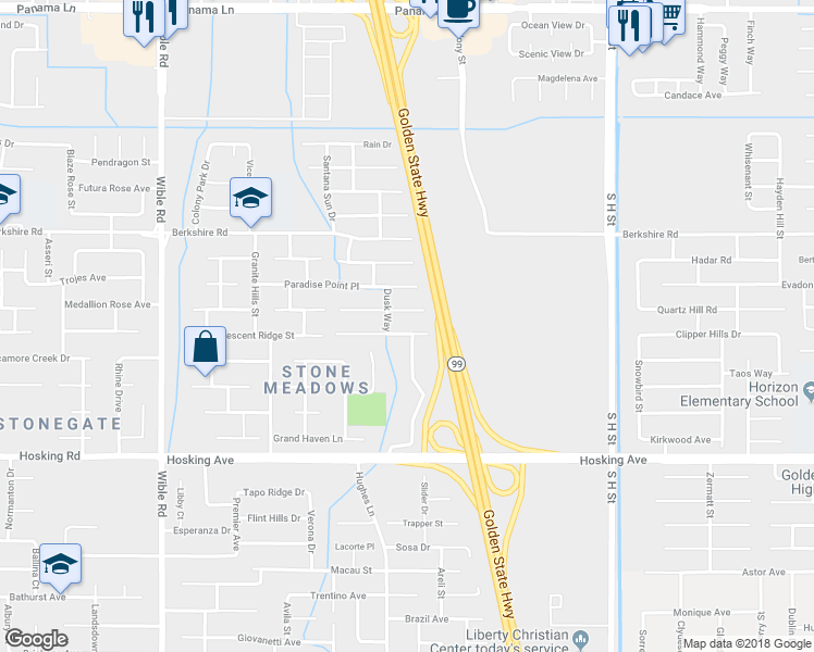 map of restaurants, bars, coffee shops, grocery stores, and more near 2404 March Avenue in Bakersfield
