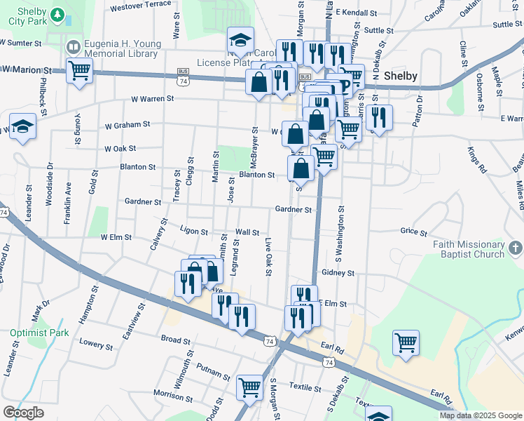 map of restaurants, bars, coffee shops, grocery stores, and more near 305 Gardner Street in Shelby