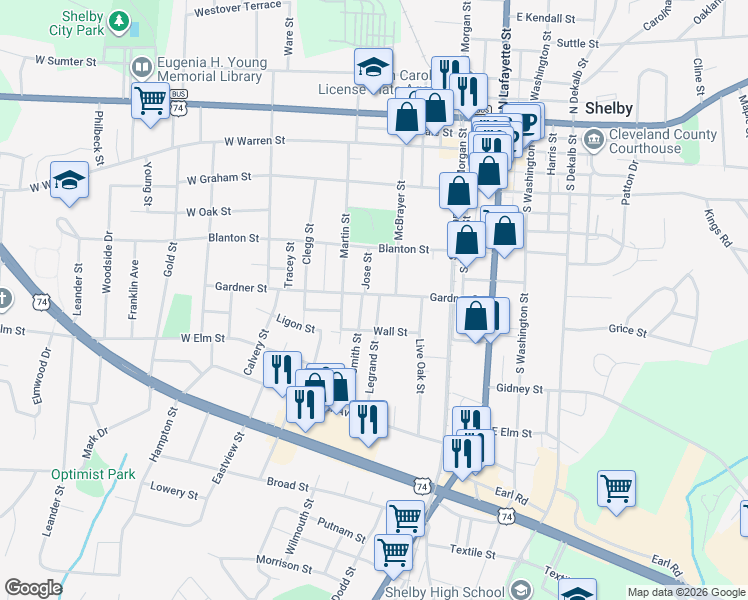 map of restaurants, bars, coffee shops, grocery stores, and more near 414 Gardner Street in Shelby