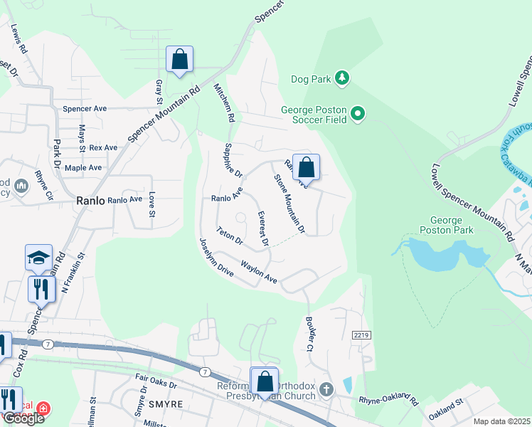 map of restaurants, bars, coffee shops, grocery stores, and more near 4246 Everest Drive in Gastonia