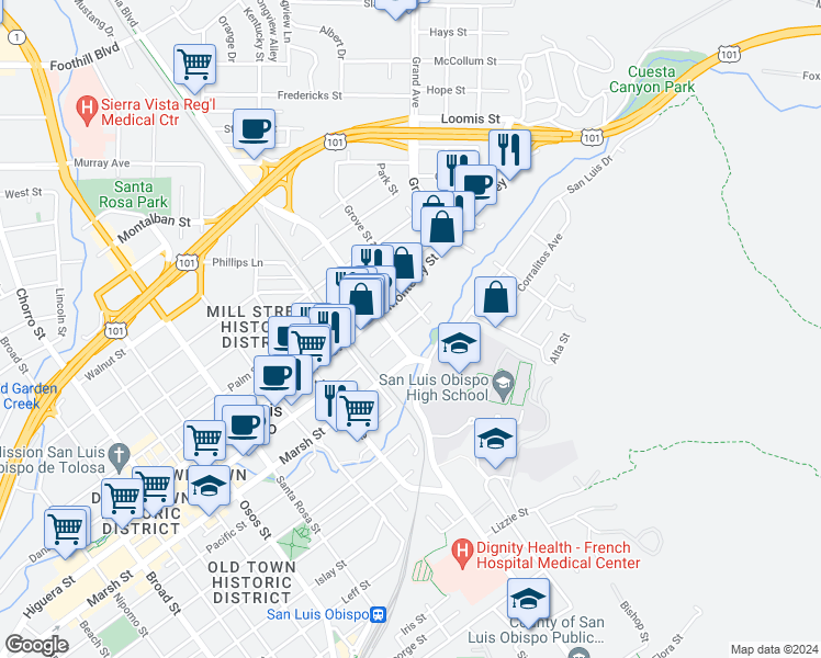 map of restaurants, bars, coffee shops, grocery stores, and more near 1540 Marsh Street in San Luis Obispo