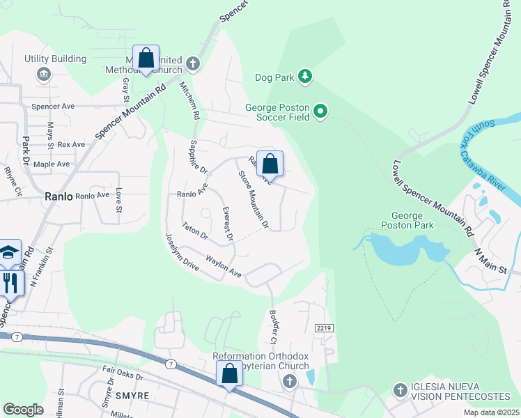 map of restaurants, bars, coffee shops, grocery stores, and more near 4373 Stone Mountain Drive in Gastonia