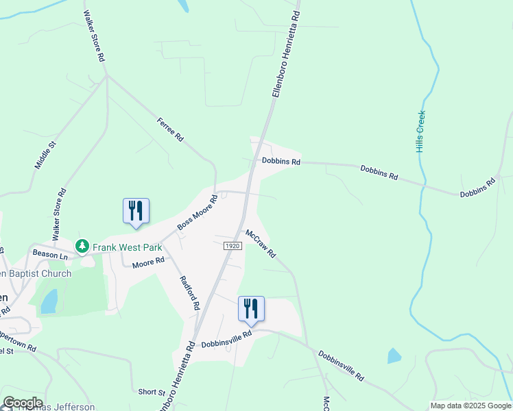 map of restaurants, bars, coffee shops, grocery stores, and more near 1701 Ellenboro Henrietta Road in Ellenboro