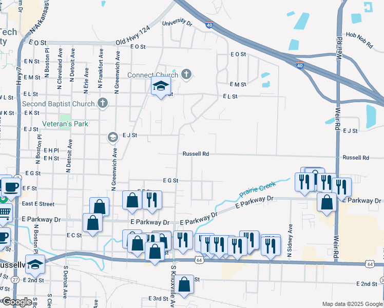 map of restaurants, bars, coffee shops, grocery stores, and more near 798 North Louisville Avenue in Russellville