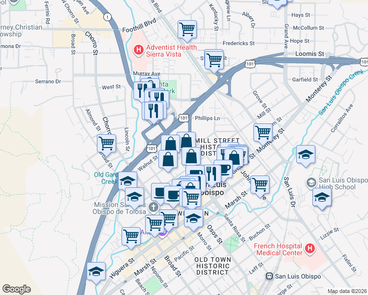 map of restaurants, bars, coffee shops, grocery stores, and more near 1150 Peach Street in San Luis Obispo