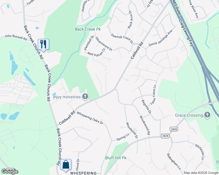 map of restaurants, bars, coffee shops, grocery stores, and more near 12717 Caldwell Road in Charlotte