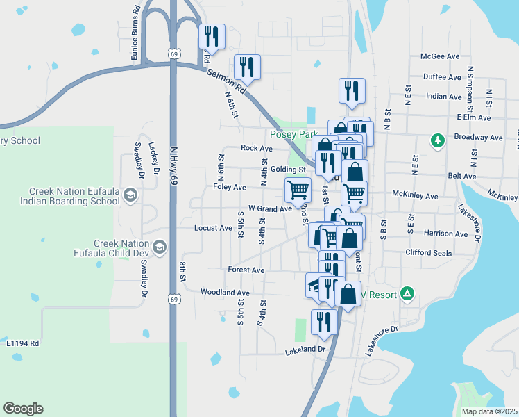 map of restaurants, bars, coffee shops, grocery stores, and more near West Grand Avenue in Eufaula