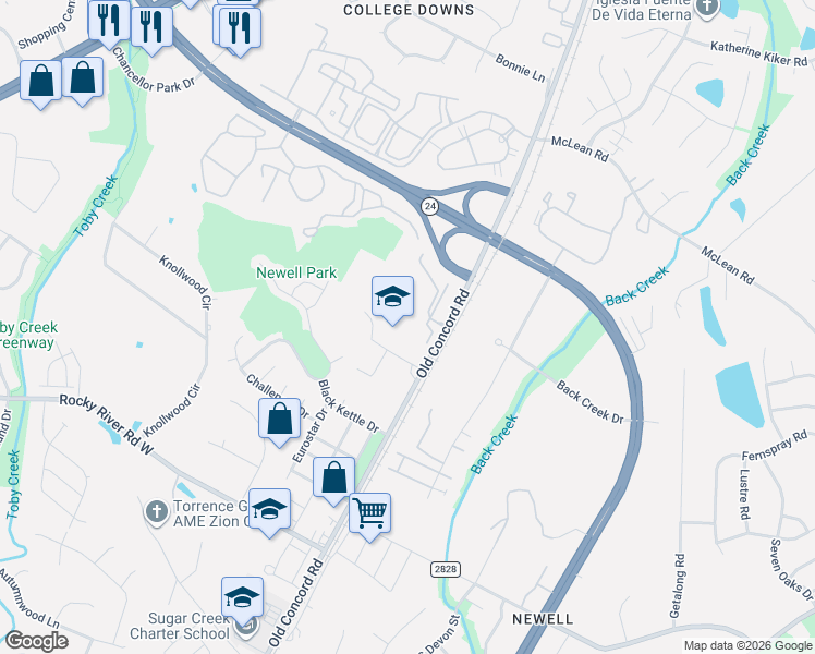 map of restaurants, bars, coffee shops, grocery stores, and more near 9011 Post Canyon Lane in Charlotte