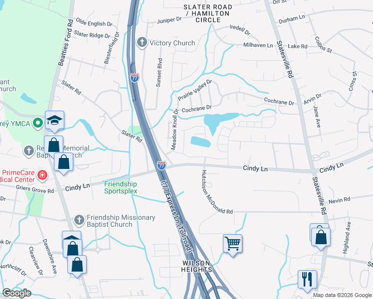 map of restaurants, bars, coffee shops, grocery stores, and more near 2632 Meadow Knoll Drive in Charlotte