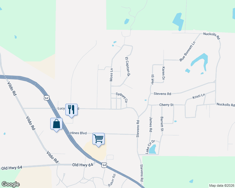 map of restaurants, bars, coffee shops, grocery stores, and more near 400 Moss Lane in Bolivar