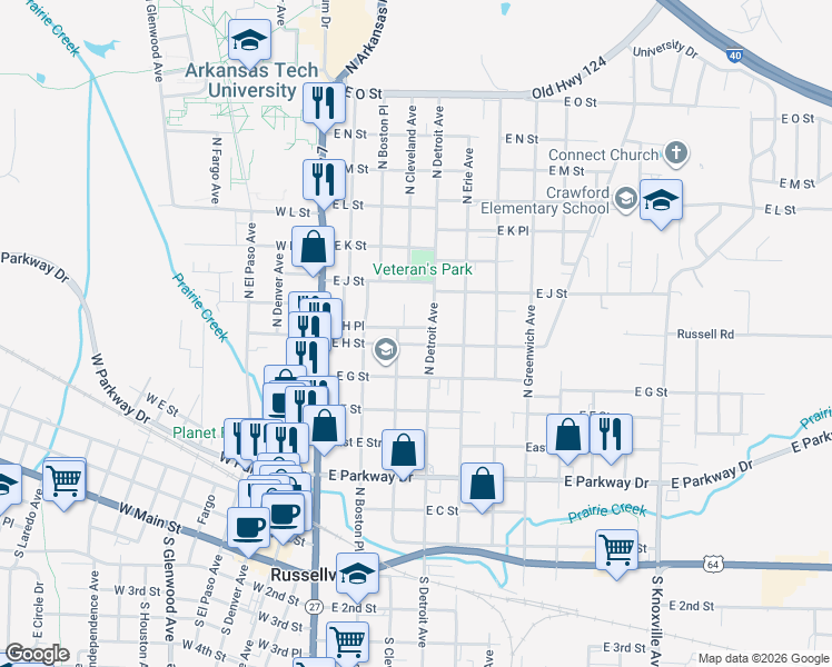 map of restaurants, bars, coffee shops, grocery stores, and more near 801 Cleveland Cove in Russellville