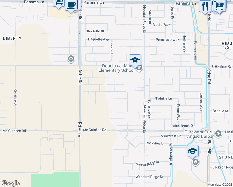 map of restaurants, bars, coffee shops, grocery stores, and more near 6009 Marconi Avenue in Bakersfield