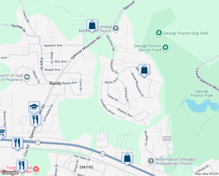 map of restaurants, bars, coffee shops, grocery stores, and more near 3015 Teton Drive in Gastonia