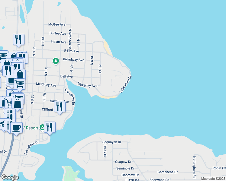 map of restaurants, bars, coffee shops, grocery stores, and more near 501 Lakeshore Drive in Eufaula