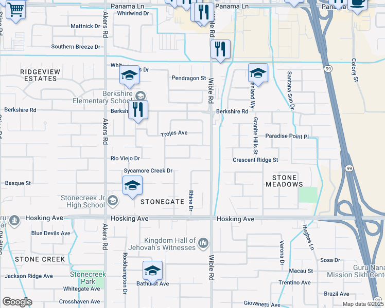 map of restaurants, bars, coffee shops, grocery stores, and more near 3312 Buccaneer Rose Avenue in Bakersfield