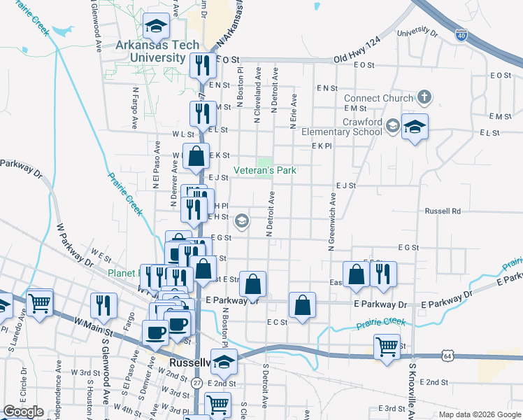 map of restaurants, bars, coffee shops, grocery stores, and more near 801 Cleveland Cove in Russellville