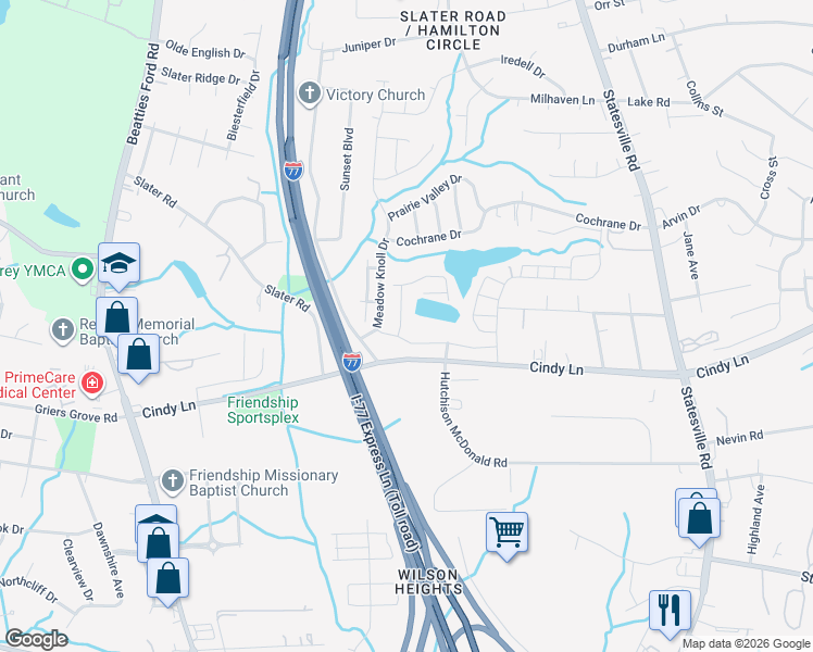 map of restaurants, bars, coffee shops, grocery stores, and more near 2632 Meadow Knoll Drive in Charlotte
