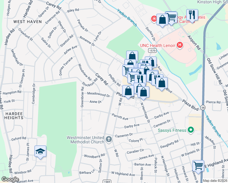 map of restaurants, bars, coffee shops, grocery stores, and more near 2100 Carey Road in Kinston