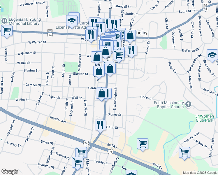 map of restaurants, bars, coffee shops, grocery stores, and more near 204 Grigg Street in Shelby