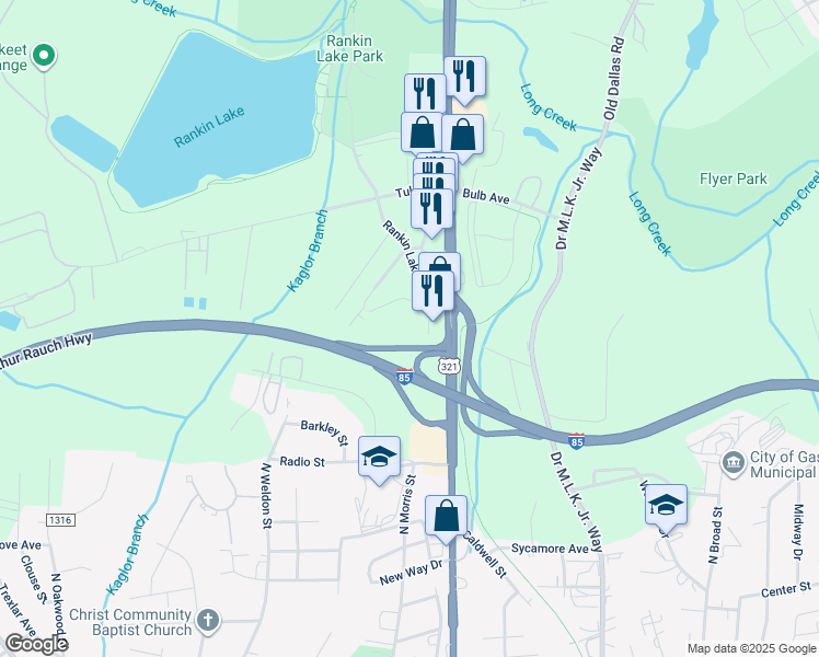 map of restaurants, bars, coffee shops, grocery stores, and more near 1901 Broadcast Street in Gastonia
