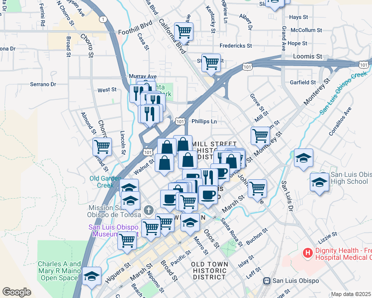 map of restaurants, bars, coffee shops, grocery stores, and more near 1150 Peach Street in San Luis Obispo