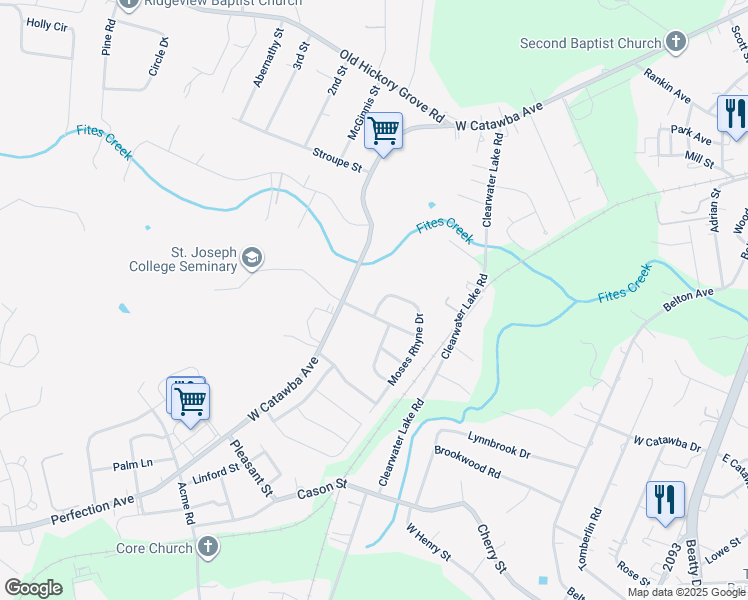 map of restaurants, bars, coffee shops, grocery stores, and more near 105 Moses Rhyne Drive in Mount Holly
