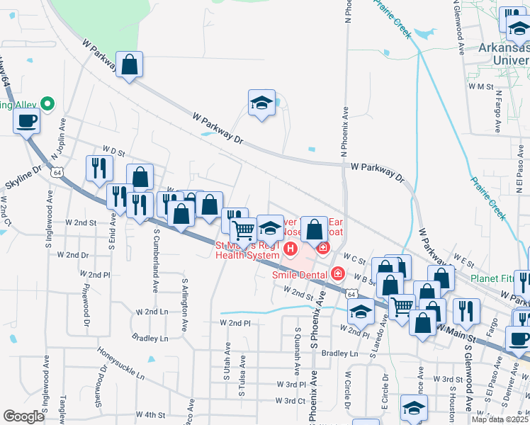 map of restaurants, bars, coffee shops, grocery stores, and more near 305 North Tulsa Avenue in Russellville
