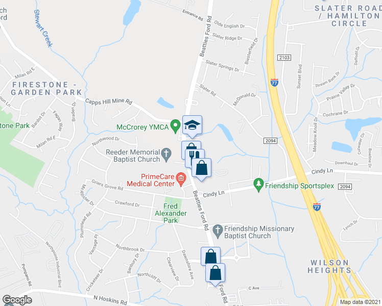 map of restaurants, bars, coffee shops, grocery stores, and more near 3740 Beatties Ford Road in Charlotte