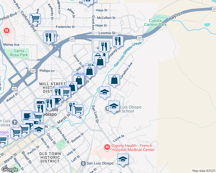 map of restaurants, bars, coffee shops, grocery stores, and more near 1687 San Luis Drive in San Luis Obispo