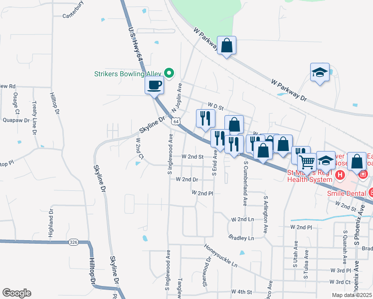 map of restaurants, bars, coffee shops, grocery stores, and more near 115 South Hastings Avenue in Russellville