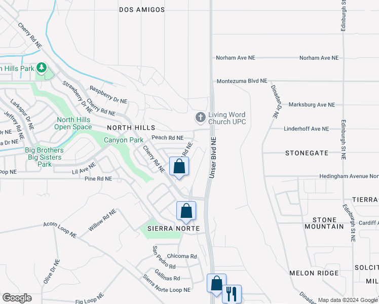 map of restaurants, bars, coffee shops, grocery stores, and more near 1668 Plum Road Northeast in Rio Rancho
