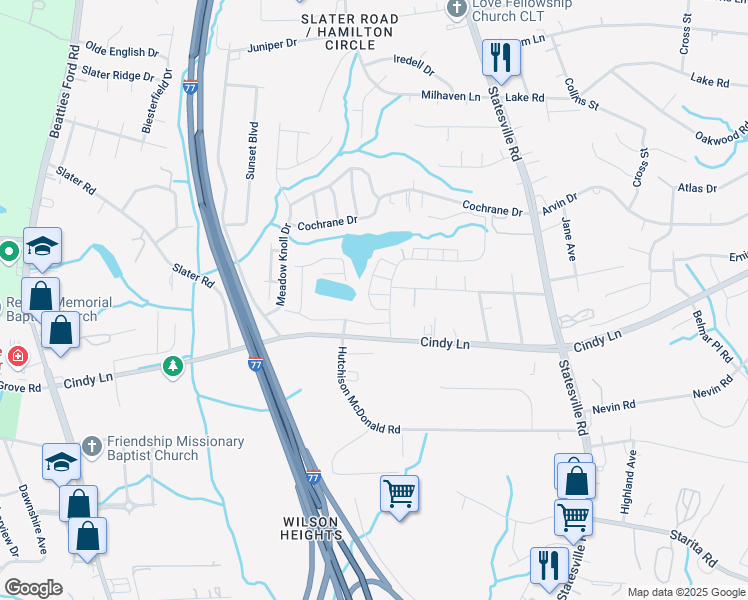 map of restaurants, bars, coffee shops, grocery stores, and more near 6101 Cutwater Circle in Charlotte