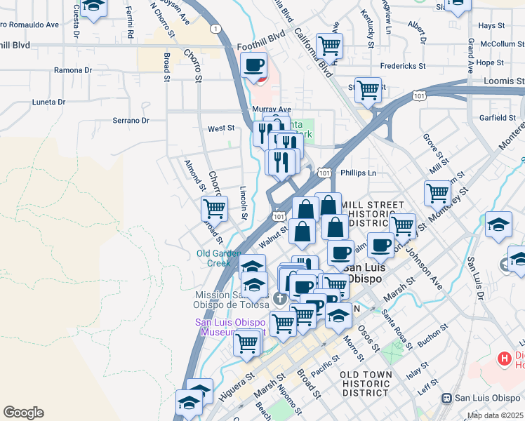 map of restaurants, bars, coffee shops, grocery stores, and more near 920 Olive Street in San Luis Obispo