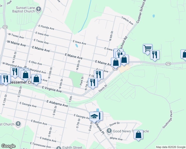 map of restaurants, bars, coffee shops, grocery stores, and more near 603 East Ohio Avenue in Bessemer City