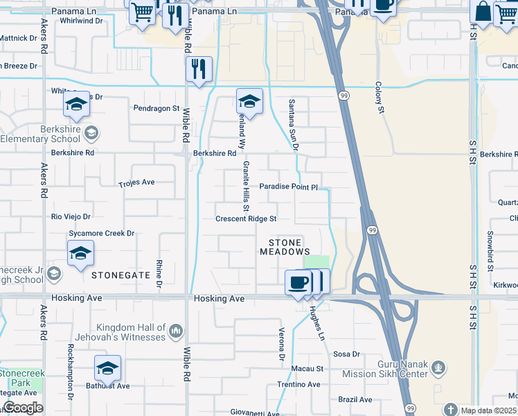 map of restaurants, bars, coffee shops, grocery stores, and more near 2909 Granite Ridge Place in Bakersfield