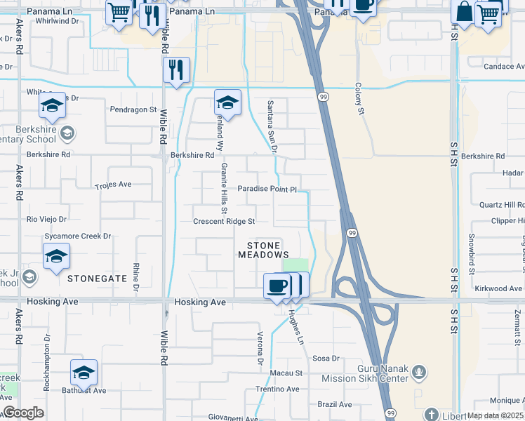 map of restaurants, bars, coffee shops, grocery stores, and more near 2713 Granite Ridge Place in Bakersfield