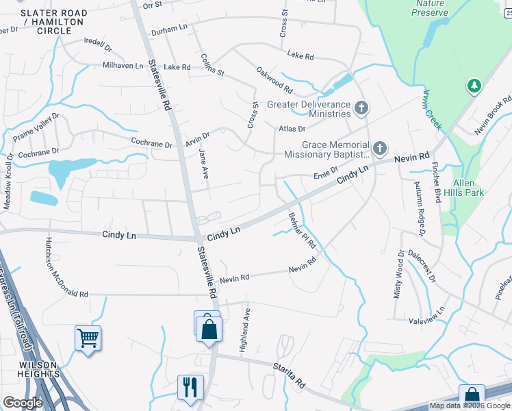 map of restaurants, bars, coffee shops, grocery stores, and more near 3343 Atlas Drive in Charlotte