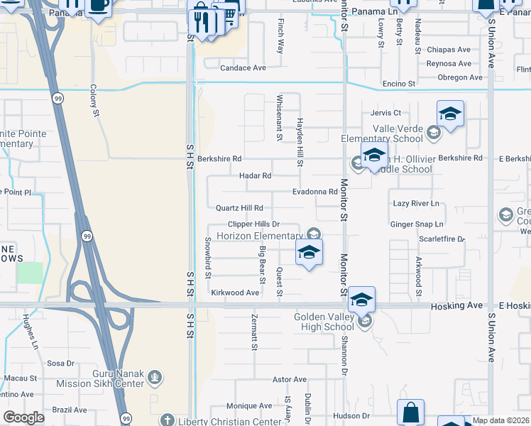 map of restaurants, bars, coffee shops, grocery stores, and more near 1215 Quartz Hill Road in Bakersfield