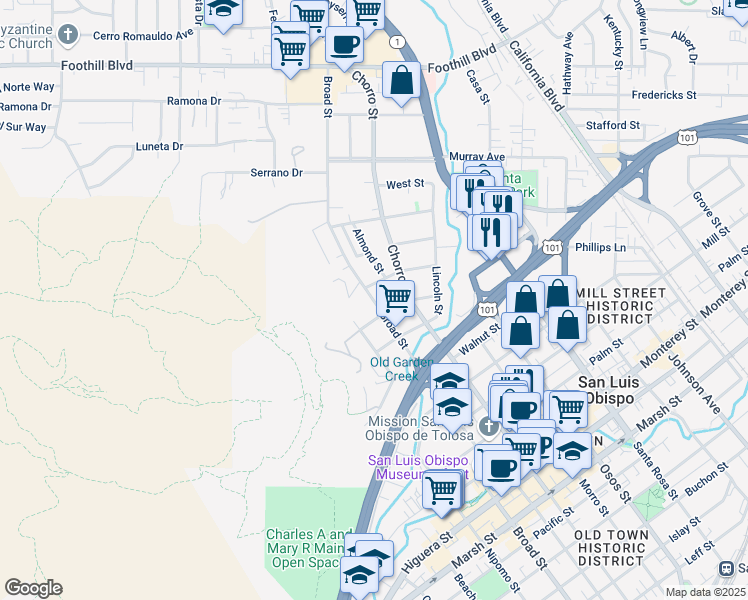 map of restaurants, bars, coffee shops, grocery stores, and more near 750 Mountain View Street in San Luis Obispo