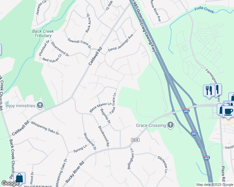 map of restaurants, bars, coffee shops, grocery stores, and more near 5428 Talus Trace Lane in Charlotte