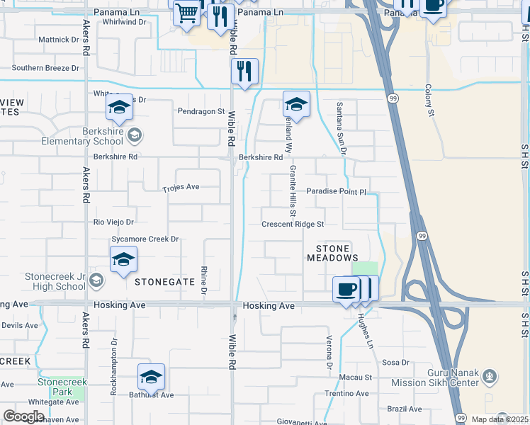 map of restaurants, bars, coffee shops, grocery stores, and more near 3105 Amber Canyon Place in Bakersfield