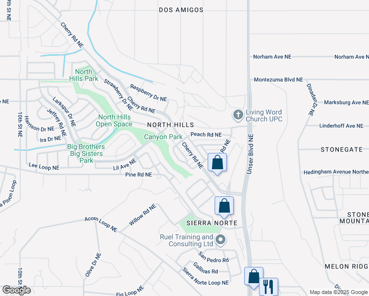 map of restaurants, bars, coffee shops, grocery stores, and more near 1709 Parkview Way Northeast in Rio Rancho