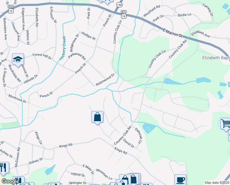 map of restaurants, bars, coffee shops, grocery stores, and more near 404 Johnsfield Rd in Shelby