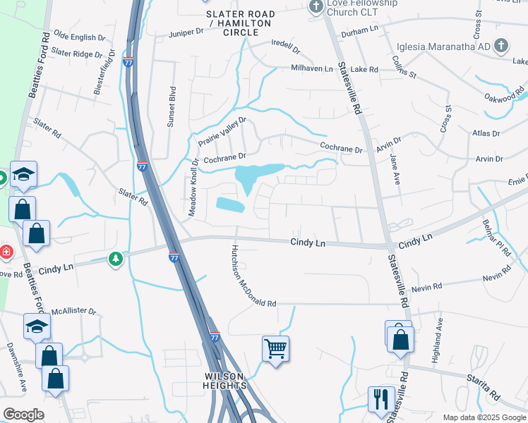 map of restaurants, bars, coffee shops, grocery stores, and more near 2900 Oakwood Drive in Charlotte